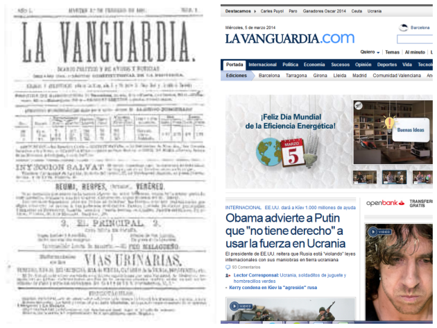 El primer exemplar de La Vanguardia, de 1881, i el web actual